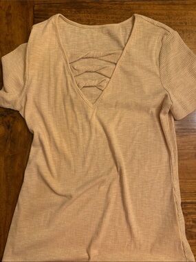 Women’s Short Sleeve Ribbed V-Neck Top with Ladder Detail - Beige